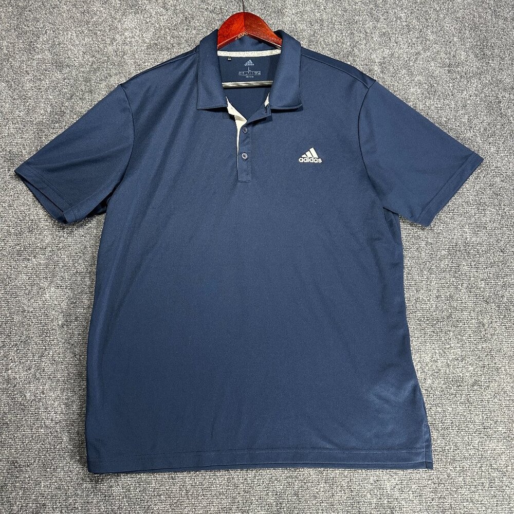 Adidas Polo Shirt Mens Large Blue Short Sleeve White Logo Button Neck